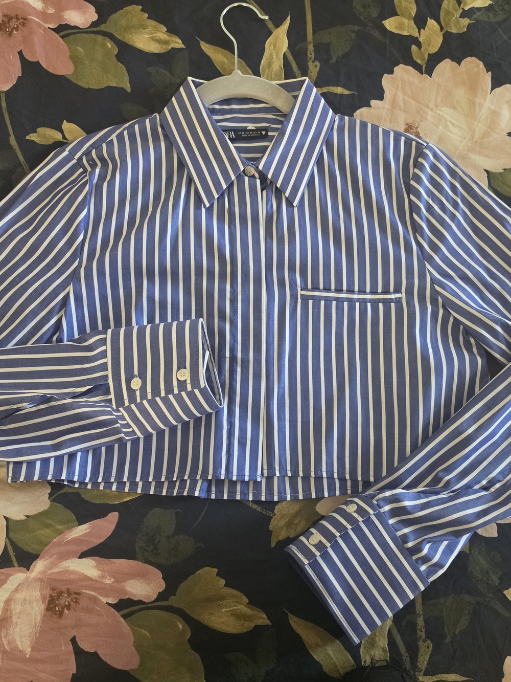 Zara Blue and White Striped Button-Down Crop Shirt